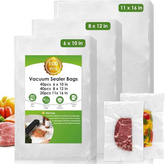 Vacuum Sealer Bags for Food Storage, 100pcs Precut Pint, Quart & Gallon | 3Mil Embossed BPA-Free Puncture-Resistant Bags, Universal Fit for Sous Vide, Meal Prep, Freezer Storage & Food Preservation