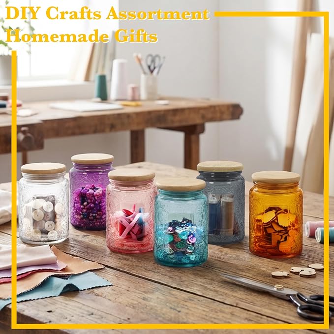 8 oz Decorative Small Glass Jars with Airtight Bamboo Lids, 6 Colors 6 Pack | Vintage embossed color coated containers, kitchen pantry bathroom organization & decor, spices, DIY gifts, candle making
