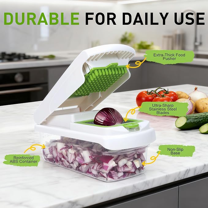 7 Blades Adjustable Mandoline Slicer, Multifunctional Veggie & Fruit Cutter | Features 7 stainless steel blades for multi cutting modes. Built-in safety guard, compact for daily vegetable and fruit prep.