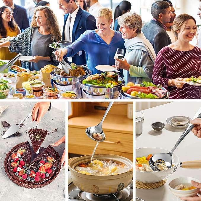 17PCS Serving Spoons and Utensils Set, Stainless Steel Serveware Silver | Serving Spoons,Slotted Spoons,Forks,metal and silicone-tip tongs,Cake Server,Ladle,Skimmer for Buffet, Catering, Party
