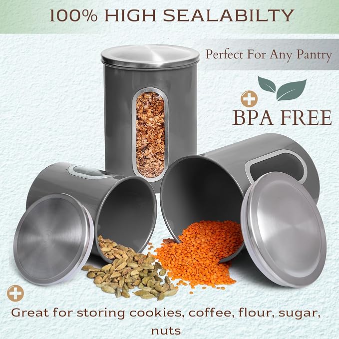 Moss & Stone 3-Pcs Gray Canisters Set for Kitchen Storage Airtight Jars | See-through window, coffee container, tea organizer, sugar canister, 3 nesting sizes, counter decor, easy press-on lids