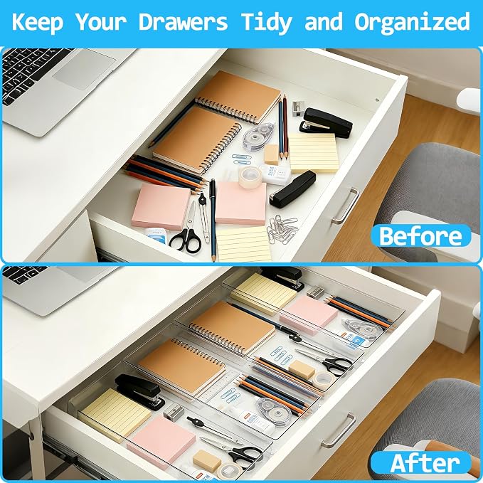 Manalete 8 Pcs Large Clear Plastic Drawer Organizer,12"x6" Vanity Organizer | Durable Clear PET Storage Bins Tray for Desk, Kitchen & Bathroom, Office, Tools, Easy Clean, Stackable, BPA-Free