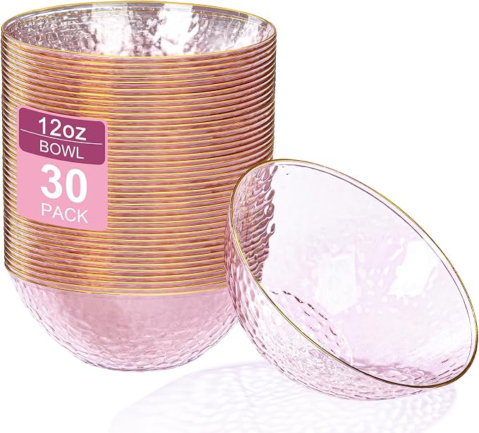 Rubtlamp 30 Pack Clear Pink Disposable Bowls, Clear Plastic Bowls with Gold Rim, 12-16oz Premium Heavy Duty Plastic Dinner Bowls for Party, Wedding and Holiday