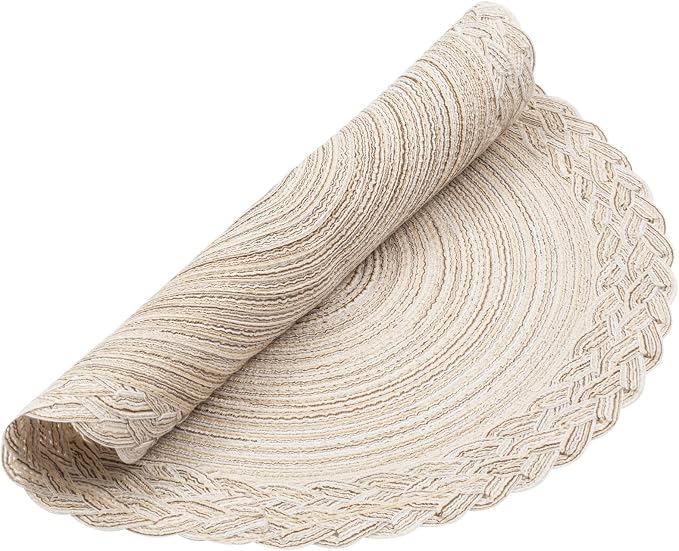 SHACOS Round Placemats Set of 4 Boho Braided Border 15 inch Circle Place Mats Washable Fabric Table Mats for Kitchen Dining Table, Ivory (Pack of 2)