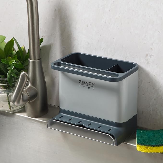 Gibson Home Ledgebrook Sink Caddy with Metal Panel, Metal Sponge Holder for Kitchen Sink, Countertop Organizer and Storage Essentials with Drain Board