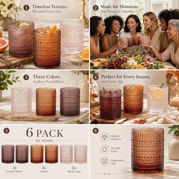 Venus Amber Brown Hobnail Highball Glasses Vintage Tumblers Set of 6 11 oz | Vintage Beaded Design, Embossed Bubble Texture, Elegant Color, Timeless Drinkware for Home Bars, Parties, and Housewarmings