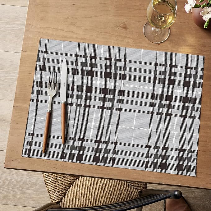 Artoid Mode Stripe Plaid Vinyl Placemats Set of 4, 12x18 Inch Washable Non-Slip Heat Resistant Plastic Place Mats for Party Dining Table, Grey