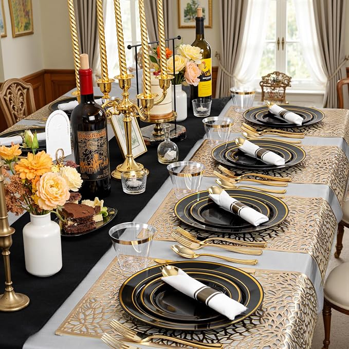 175PCS Black and Gold Plates - Black Disposable Plates for Party - 25Guests Disposable Dinnerware Set for Wedding/Party/Birthday/Halloween