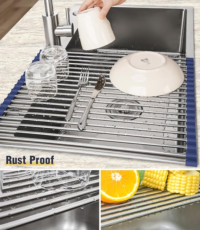 Tomorotec Roll Up Dish Drying Rack Over Sink, 304 Steel, 21x15.5, Indigo | Anti-Slip Silicone Rims For Grip, Heat-Resistant Trivet Mat Holding Heavy Cookware, Rustproof Kitchen Counter Space Saver