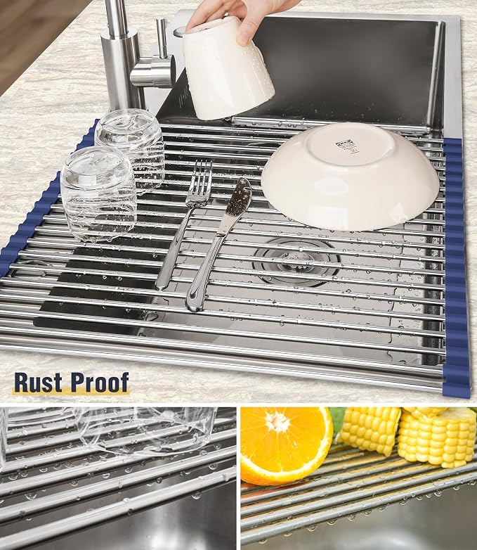 Tomorotec Roll Up Dish Drying Rack Over Sink, 304 Steel, 17.7x15.5, Indigo | Anti-Slip Silicone Rims For Grip, Heat-Resistant Trivet Mat Holding Heavy Cookware, Rustproof Kitchen Counter Space Saver
