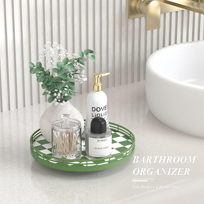 Green and White Checkerboard Lazy Susan with Rubberwood Base and Metal Rail | Smooth rotating oak tray with walnut finish for dining tables, kitchen counters, pantries and cabinet storage.