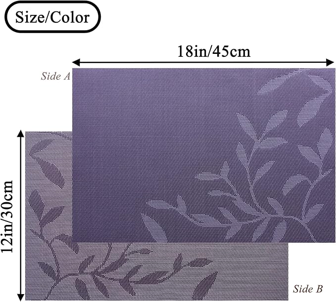 Leaf Placemats Set of 4 Non-Slip Heat-Resistant Vinyl Washable Place Mats for Kitchen Table Indoor Outdoor Durable (18"x12", Purple)