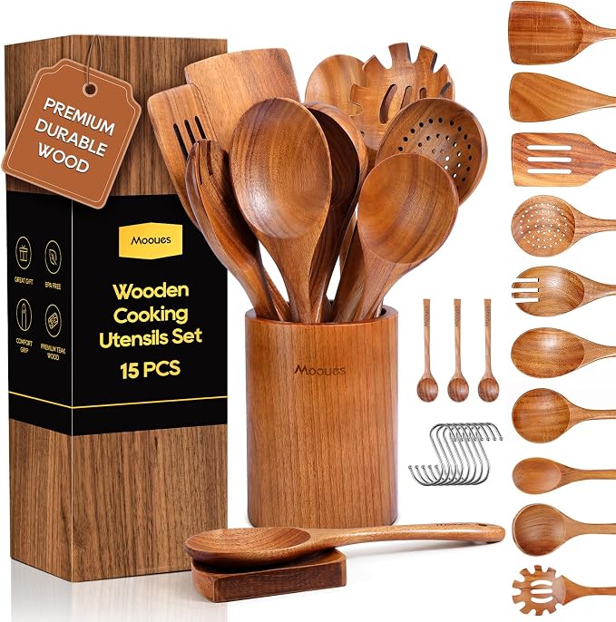 Mooues Wooden Kitchen Utensil Set, 15 Piece Natural Teak with Spoon Rest | Wooden Cooking Utensils with Comfort Grip, Smooth Durable Heat Resistant Cooking Spoons and Utensils Holder for Cooking