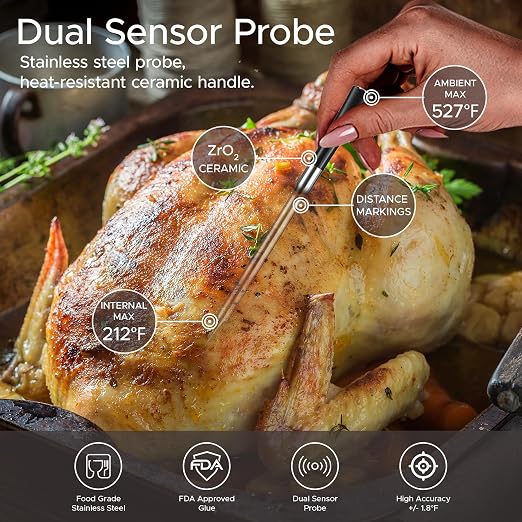 Smart Wireless Meat Thermometer Digital, Bluetooth Meat Thermometer Wireless with Dual High-Accuracy Sensors, Instant Read LCD & App Control for Kitchen BBQ Grill Smoker Air Fryer