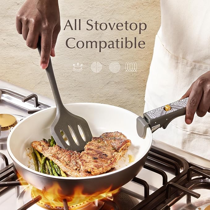 CAROTE 21pcs Ceramic Cookware Set, Pots and Pans Set with Detachable Handle | Non-Stick, Non-Toxic, PFAS&PFOA Free, Induction Compatible, Dishwasher & Oven Safe, Space Saving, Camping Cooking, Charcoal