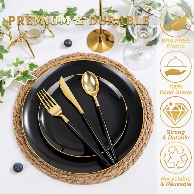 DaYammi 150Pcs Black Plastic Plates with Gold Silverware,Black Disposable Plates Set Included 30 Dinner Plate,30 Dessert plate,30 Knives,30 Forks,30 Spoons,black and gold plates for Party Wedding