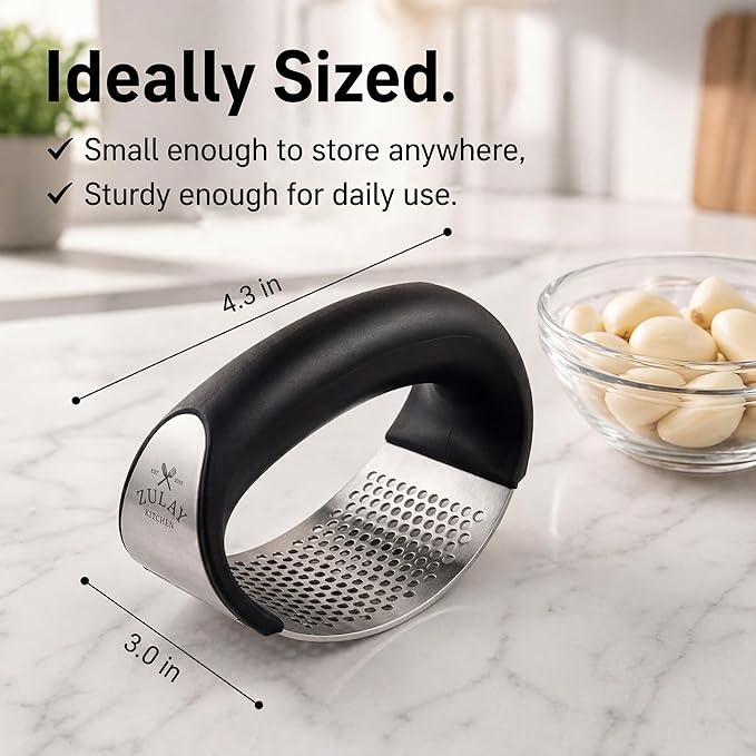 Zulay Kitchen Stainless Steel Garlic Press Rocker Set - Premium Garlic Mincer Garlic Crusher - New Innovative Garlic Crusher with Peeler and Scraper - Comfortable Grip (Black)