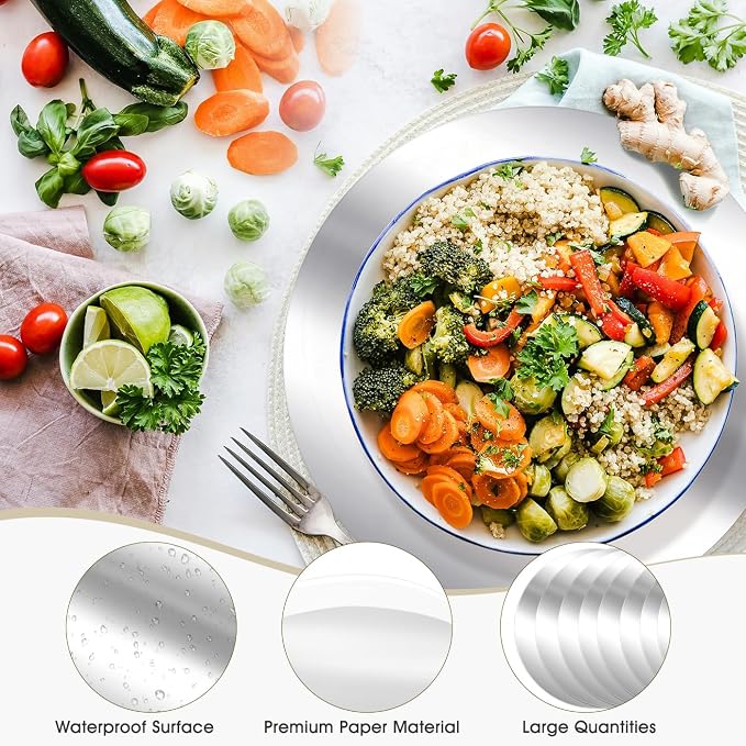100PCS 13in Round Silver Placemats, Disposable Paper Charger Plate | Paper Placemats for Dining Table, Mirrored Silver Charger Placemat for Kitchen Banquet Table Setting Wedding Birthday Party