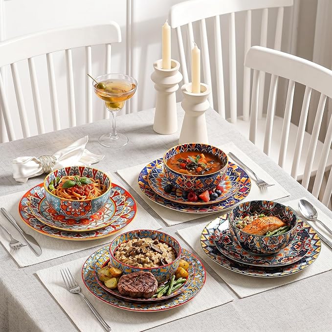 12-Piece Bohemian Porcelain Dinnerware Set for 4, Colorful Plates & Bowls | Ceramic Dish Set for Kitchen, Scratch Resistant, Microwave & Dishwasher, Decorative Tableware for Wall Decor & Housewarming
