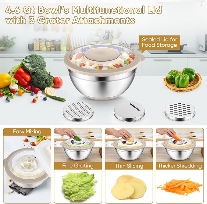 P&P CHEF Mixing Bowls with Lids, Metal Mixing Bowl with Colander, Khaki | 3 PCS Stainless Steel nesting bowls for Prepping, Storing, Colander for Draining, 3 Grater Attachments & Non-Slip Bottoms