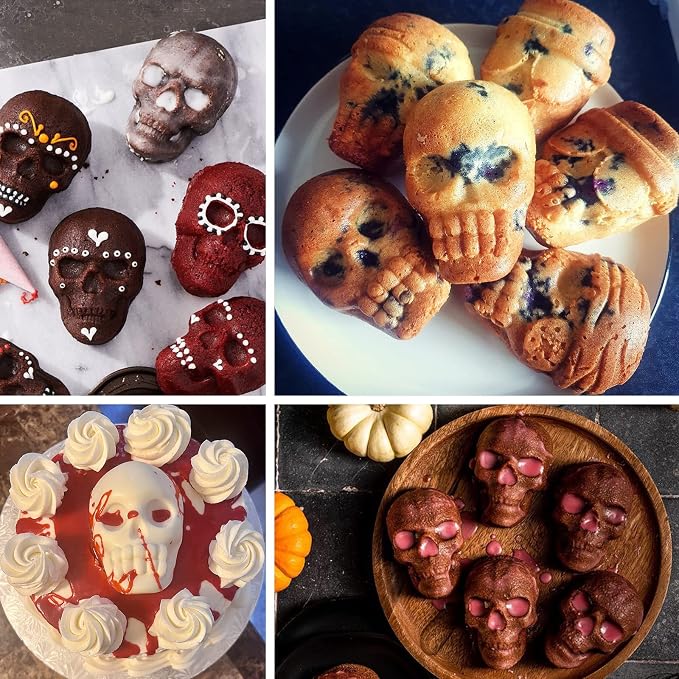 Large Skull Cake Pan Silicone Mold, 2 Pack 6 Cavity Halloween Skull Cakelet Chocolate Molds Candy Pizza Baking Molds Handmade Soap Tray
