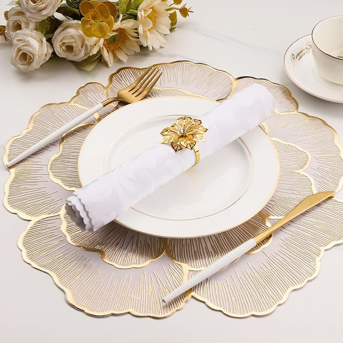 Evevda 15 Inch Gold Floral Shaped Vinyl Placemats for Dinner Table Set of 6 | Plastic Dining Table Mats Non-Silp Waterproof Washable for Wedding Annersary Kitchen Decoration