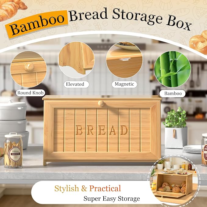 Vintage Bread Box for Kitchen Countertop, Retro Design Bread Storage Container, Farmhouse Wooden Counter Breadbox, Small Bamboo Bread Bin Holder for Homemade Bread, Natural