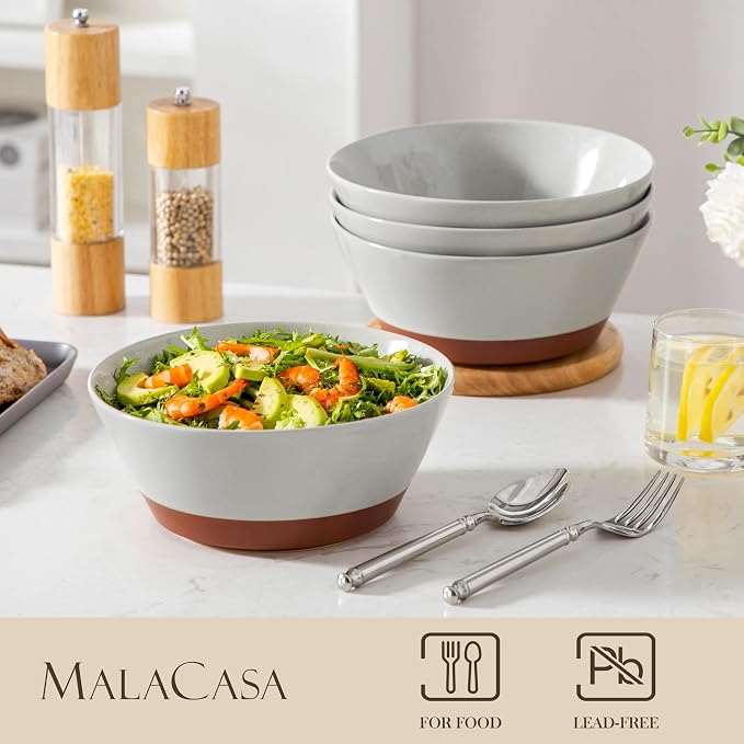 MALACASA Salad Bowls Set of 4, Soup Bowls for Kitchen, 60oz Ceramic Bowl | Large Deep Bowls for Ramen, Cereal, Fruit, Pho and Pasta, Microwave & Dishwasher Safe, Speckled, Grey & Brown, Series TARA