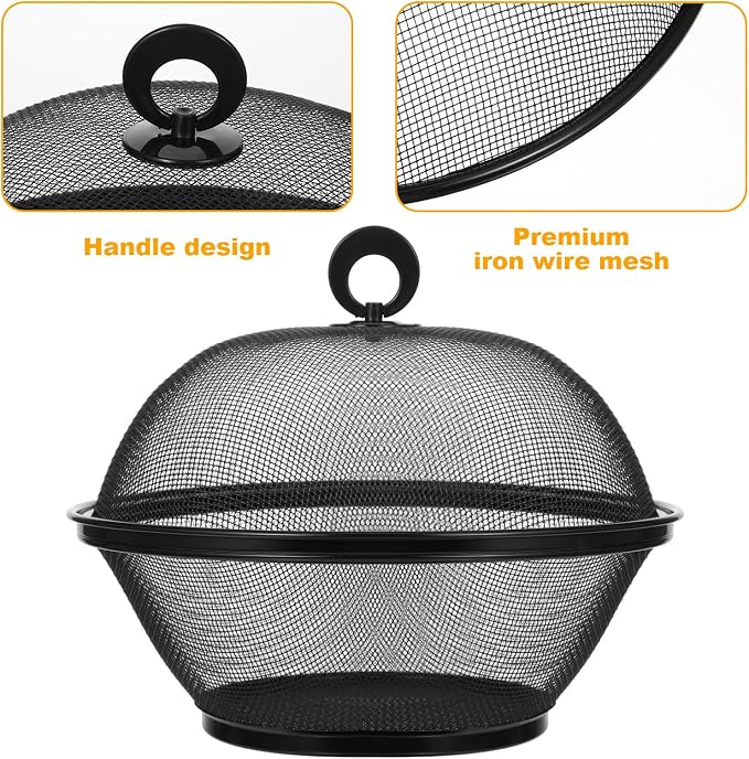 4 Pcs Mesh Food Cover with Lid, 10 Inch Iron Fruit Basket Fly Proof Strainer, Black and Red Metal Wire Container for Kitchen Countertop, Restaurant, Fruit Vegetable Storage