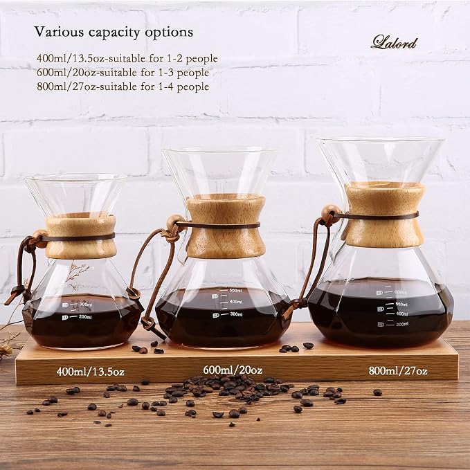 Lalord Pour Over Coffee Maker, 400ml/13.5oz Borosilicate Glass Carafe with Stainless Steel Filter & Modern Wooden Collar, 2 Cups Capacity, Clear