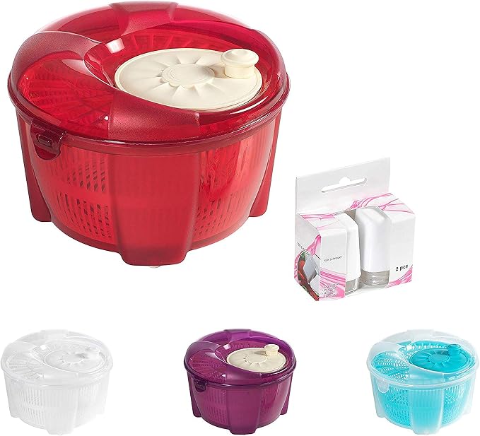 Salad Spinner, Salad Tosser and Mixer, 5,5 Quart, Vegetable Spinner -EXTRA Salt&Pepper Shaker inc. (Red)