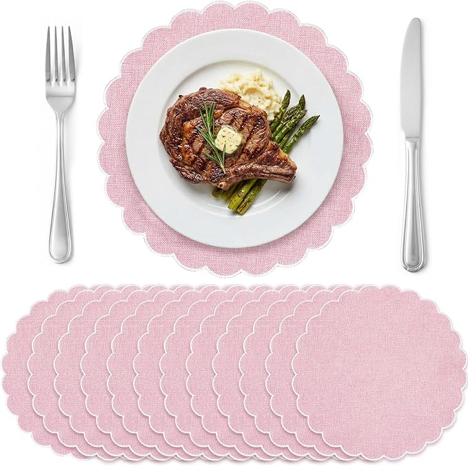 Set of 12 Pink Cotton Placemats 15" Round Scalloped White | Double Layered Cotton Fabric, Washable Embroidery, White Edge Edge, Rustic Table Mats for Wedding Dining Table Decor