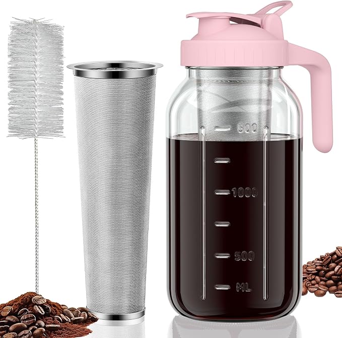 Cold Brew Coffee Maker, 64 oz Glass Mason Jar Pitcher | 100μm stainless steel filter, wide mouth design, leak-proof lid with handle, pour spout for iced coffee, tea and cold drinks