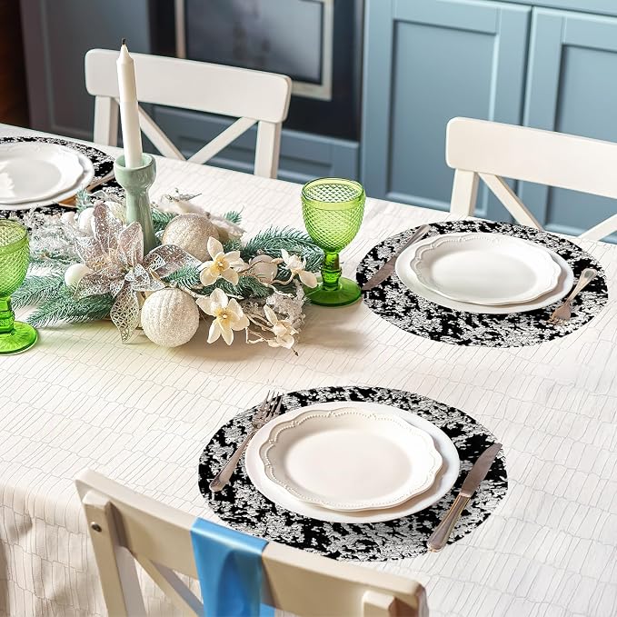 comfoyar Disposable Black Placemats Set of 50, Metallic Round 13 Inch Foil Mesh Pressed Doilies Place Mats, Table Mats for Dining Party Weddings Birthday Holiday Kitchen Home, Tableware Decoration