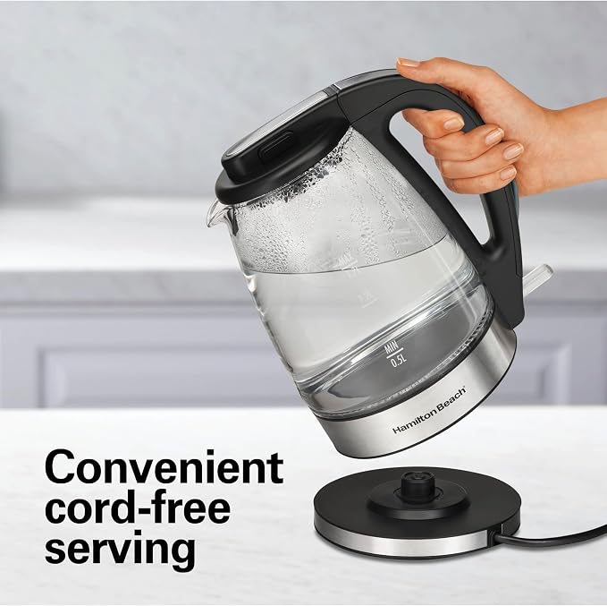 Hamilton Beach 1.7 Liter Electric Tea Kettle, Water Boiler & Heater | Fast Boiling 1500 Watts | BPA Free | Cordless Serving | Auto-Shutoff & Boil-Dry Protection | LED Indicator | Clear Glass