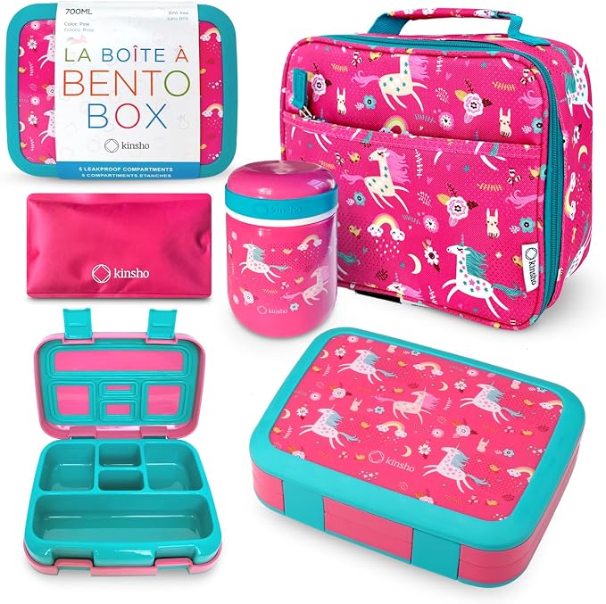 kinsho Kids Bento Lunch Box Set with Thermo, Bag & Ice Pack, Pink Unicorn | 5 Compartments, Removable Tray, Small Meal Snack Container for Kids Toddlers, Daycare Pre-School Kindergarten, Steel Food Jar