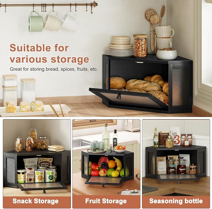 WOWLIVE Corner Bread Box, Bamboo Bread Storage with Acrylic Wavy Door | Breadbox for Kitchen Countertop, Large Farmhouse Bread Holder for Homemade Bread, Multi-functional Container, Black