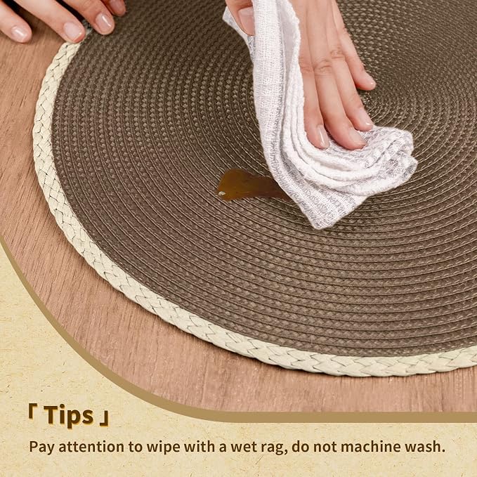 Round Placemats Set of 6, Woven Table Mats, Thin Edge, Coffee Brown | Braided Paper Edge, 15 Inch Diameter, Fits Dinner Plate and Flatware, Wipeable, Heat Resistant, Indoor Dining, Outdoor Patio