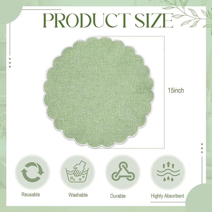 Set of 12 Sage Green Cotton Placemats 15" Round Scalloped White | Double Layered Cotton Fabric, Washable Embroidery, White Edge Edge, Rustic Table Mats for Wedding Dining Table Decor