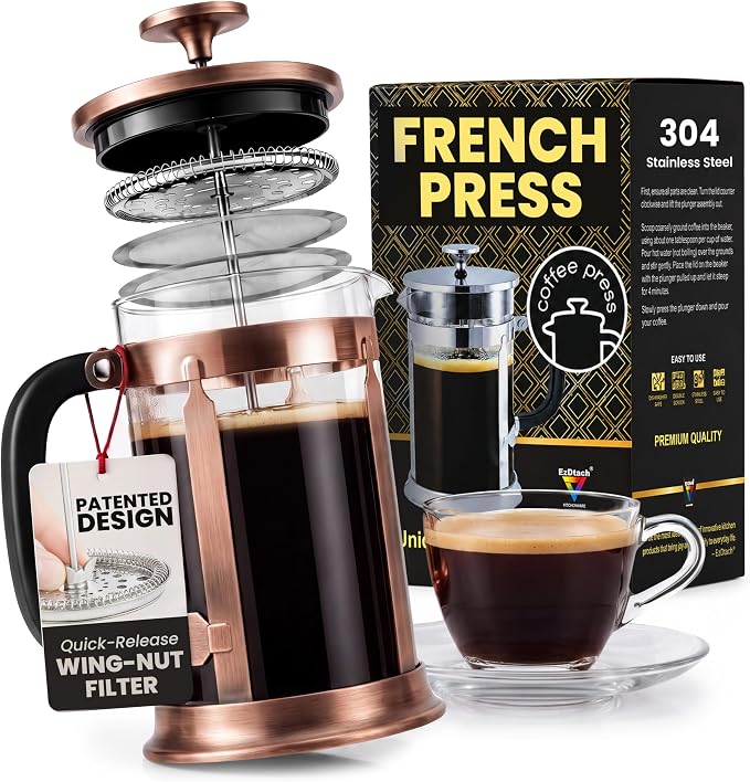 EzDtach Glass French Press Coffee Maker 34oz Copper – Double Filter | Borosilicate Glass Pot, 304 Stainless Steel Coffee Press & 2 Extra Screens, Easy to Use & Clean Design for Full-Bodied Flavor