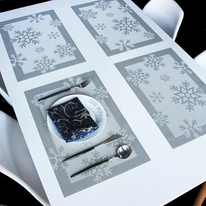 PIGCHCY Christmas Placemats Snowflake Woven Heat Resistant Placemats Washable Easy to Clean Table Mats for Dining Room and Decor(Set of 6, Silver)