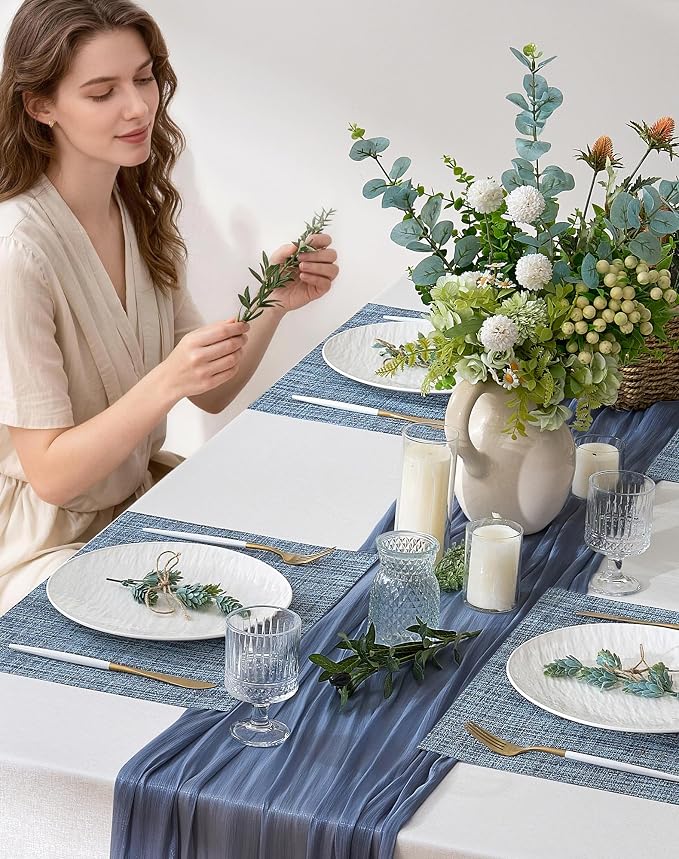 Leetaltree Deep Navy Woven Placemats Set of 12 - Heat Resistant Non-Slip Place mats for Dining Table, Washable Durable PVC Vinyl Woven Table Mats(Deep Navy, 12)