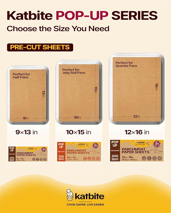 Katbite Parchment Paper Sheets Pop-Up 200 PCS, 9x13 Inches Precut Heavy Duty Baking Parchment, Extra Strong, Unbleached, Non-stick, Non-toxic, Flat Baking Paper for Oven, Cooking, Grilling, Air Fryer