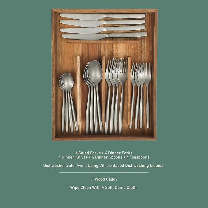 Two Time Oprah's Favorite Things Winner - 20 Piece Stone Washed Flatware 18/10 Stainless Steel Silverware Cutlery Utensil Set With Acacia Wood Caddy - Service for 4