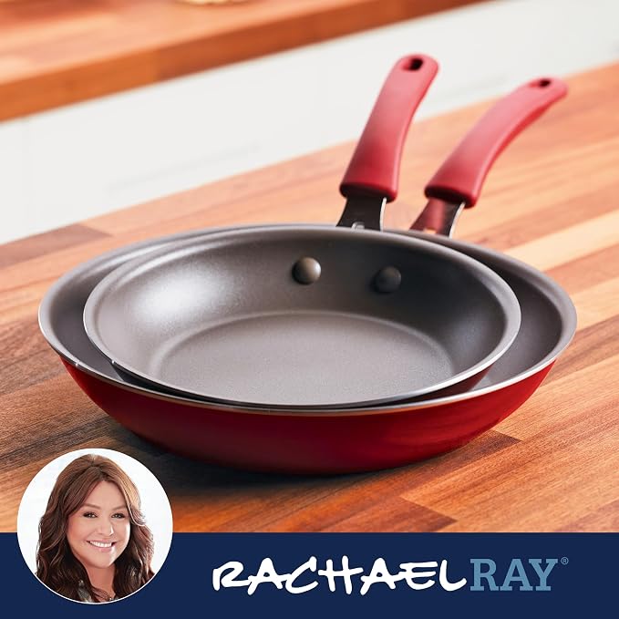 Rachael Ray Cook + Create Nonstick Frying Pans/Skillet Set, 9.5 Inch and 11.75 Inch, Red