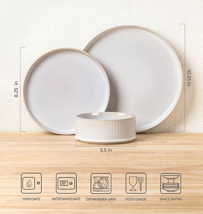 Ceramic Dinnerware Set for 8, 24-Piece Plates and Bowls Set | Lightweight Porcelain Dish Set, Scratch Resistant, Oven & Microwave & Dishwasher Safe, Reactive White