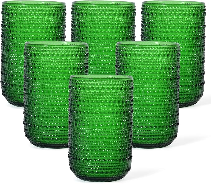 CHLJAR Christmas Green Vintage Wine Drinking Glasses Set of 6, 14 oz hobnail drinking glasses Glassware Embossed Green Water Tumbler for Beer, Juice, Cocktail, Whiskey, Milk