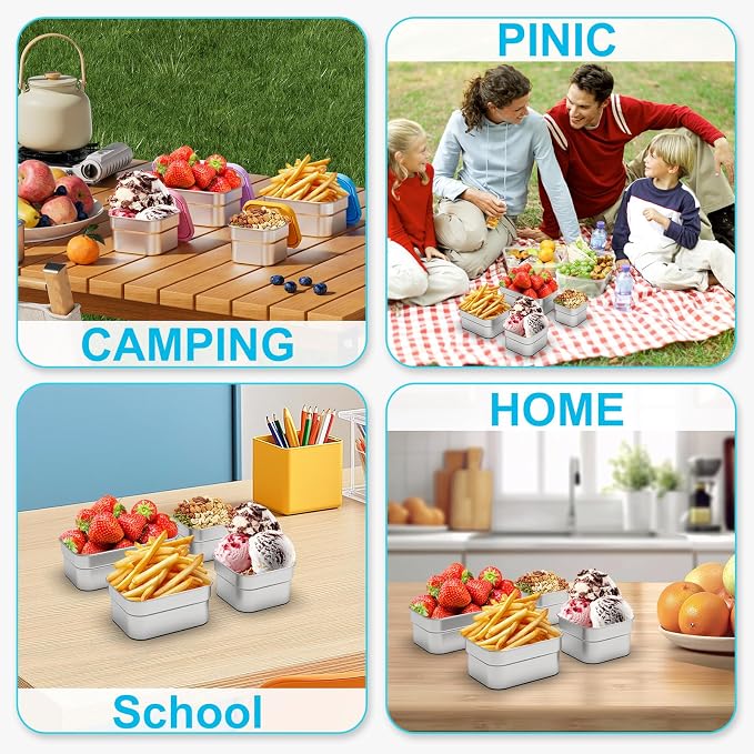 DaCool 3 Pack Kids Stainless Steel Snack Containers with Lids, Easy Open Leakproof Small Toddler Snack Containers with Silicone Lids, Stackable Metal Lunch Box for Daycare and School