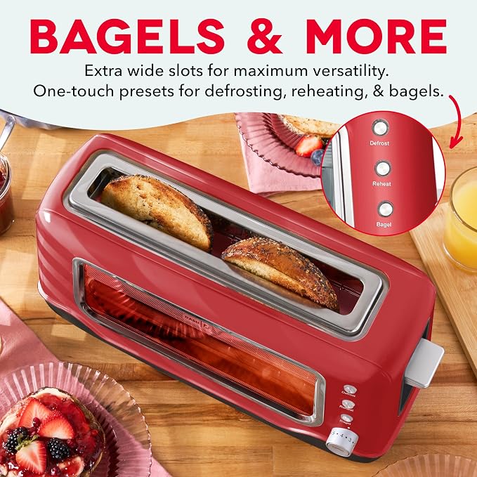 Dash Clear View Toaster | 10" Long Slot 2 Slice Toaster with See-Through Glass Window, 7 Browning Levels, Bagel, Defrost & Reheat Functions, Removable Glass Panel, Crumb Tray, Red