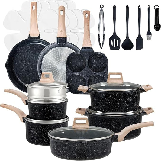 Simple Deluxe 25Pcs Ceramic Cookware Set, Nonstick & Non-Toxic Healthy Pots and Pans, Heat-Resistant Handles, Induction Cookware Sets with Frying Pans, Black